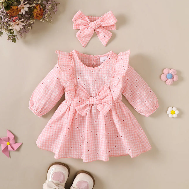 Baby girl Sweet Dress Round Neck Small Floral Plaid Long-sleeved Dress suitable for 0-18 Months Cute Baby girl Autumn Dress