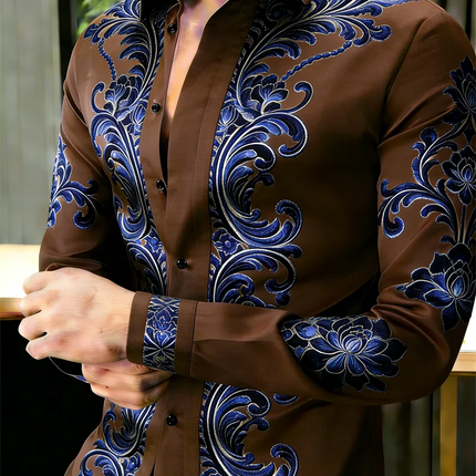 New men's 11 color pattern 3D flower print long sleeved shirt with high-quality and casual long sleeved collar top