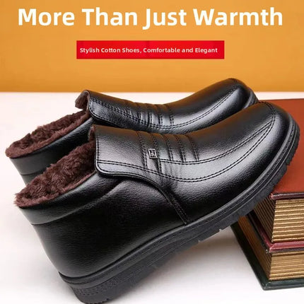 Men's Winter Thickened High-Top Cotton Shoes Warm Fleece Lined Leather Boots Anti-Slip Comfortable for Elderly And Dad