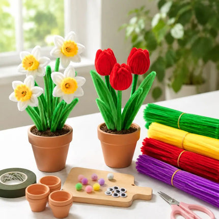 98pcs Green/White/Yellow Chenille Pipe Cleaners, DIY Handmade Flower Ornaments Art Craft Materials YMY