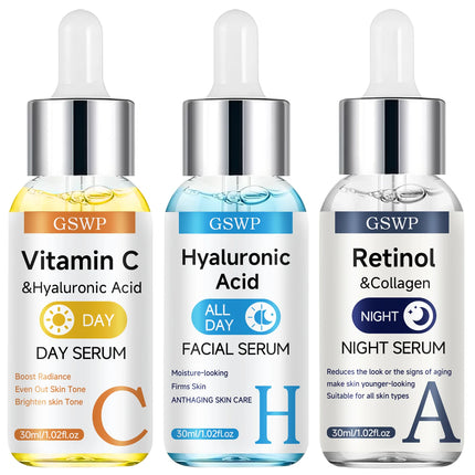 GSWP Day & Night Serum Set,Vitamin C + Retinol + Hyaluronic Acid Serums,Deeply moisturizes,tightens and brightens the face.2/3PC