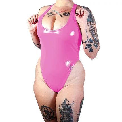 Sexy Sleeveless Bodysuits for Women Wet PVC Leather Deep U-Neck Racerback Tank Tops Body Suit Shiny Raves Party Club Rompers 7XL