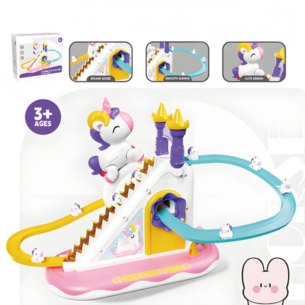 ABS Electric Unicorn Track Toy, 3 Mini Unicorns, Auto Stair Climbing, LED Music Castle Slide Girls Gift