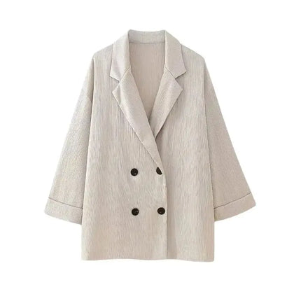 Women's Double-Breasted Loose Blazer Coat and High Elastic Waist Wide Leg Pants, Female Two Piece Sets, Fashion