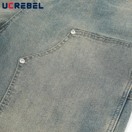 Double Knee Denim Flare Pants Mens Retro High Street Spring Loose Pocket Washed Distressed Carpenter Jeans Men