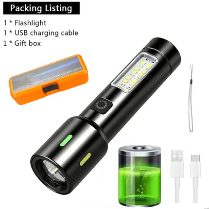 LED+COB Portable Flashlight Zoomable Small Torch USB Rechargeable Outdoor Camping Fishing Long Range Camping Emergency Lantern