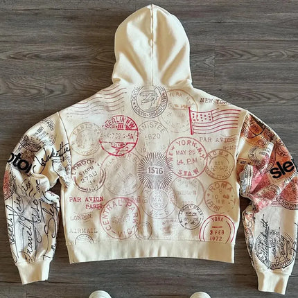 Sweatshirt Jacket Zipper Hoodie Apricot Print Letters Cartoon Fashion Multifunctional Retro Y2K High Street Men's and Women's