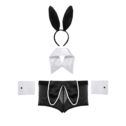 4pcs Mens Bartender Costume Waiter Outfit Sexy Costume Role Play Clubwear Underwear Set Bunny Ears Mesh Boxer Shorts Sexy Suit