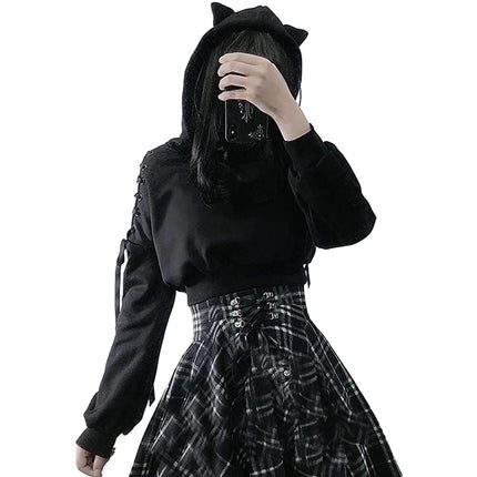 Women Autumn Teen Girls Crop Hoodie Long Sleeve Cold Shoulder Cute Cat Ear Pullovers Hooded Sweatshirt Tops Y2K E-Girls Clothes