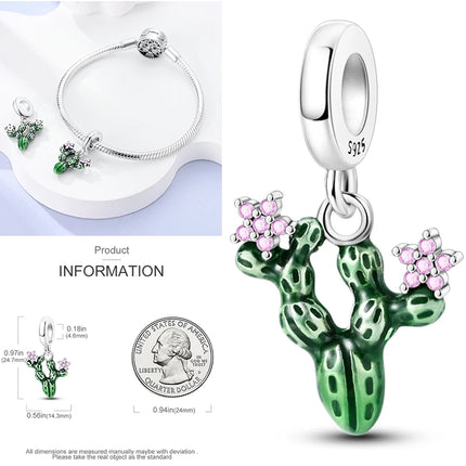 New 925 Sterling Silver Cactus Four Leaf Clover Charm Spring Green Series Bead Pendant For Original Beads Bracelet DIY Jewelry