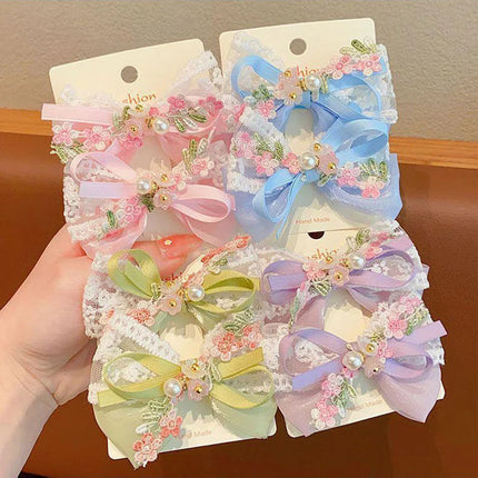 2PCS/Set Cute Flower Embroidery Bow Hair Clips for Baby Girl Sweet Bowknot Duck Tongue Clips Kids Barrettes Fairy Headdress