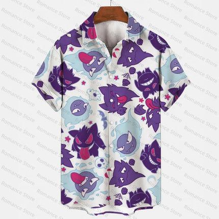 Anime Gengar Pattern Pokemon Button Up Hawaiian Shirt Summer Sports Dry Quickly Men's T-Shirt Kids Clothing Tee Y2k Woman Shirt