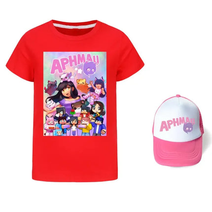 Anime Aphmau Tshit Kids Summer Clothes Baby Girls Cartoon T-Shirt + Sunhat 2pcs Set Boys Short Sleeve Casual Tops Children Tees