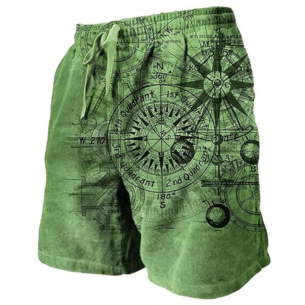Men's Beach Shorts Compass Pattern 3D Retro Printed Shorts Men's Summer Breathable Drawstring Shorts Fitness Street Shorts