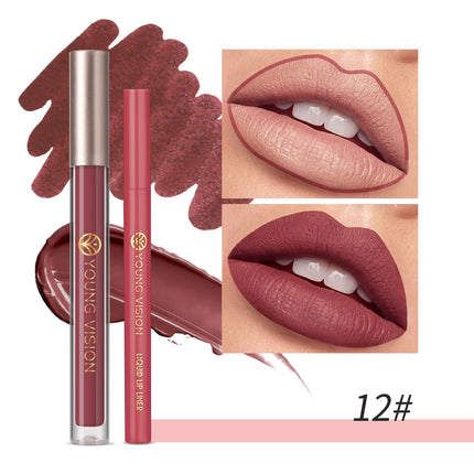 YOUNG VISION Lip Glaze + Lip Liner set liquid Lip Liner Waterproof non-stick cup Moisturizing easy color 12 color lip gloss