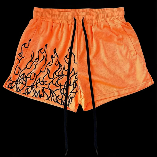 Men's Flame Print Casual Sports Shorts Breathable Mesh Adjustable Drawstring Waist Loose Fit Summer Street Daily Wear Trendy