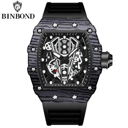 BINBOND Brand Men Watch Domineering Barrel Watch Curved Mirror Hollow Surface Sports Men Watch Silicone Quartz Wristwatch B8577