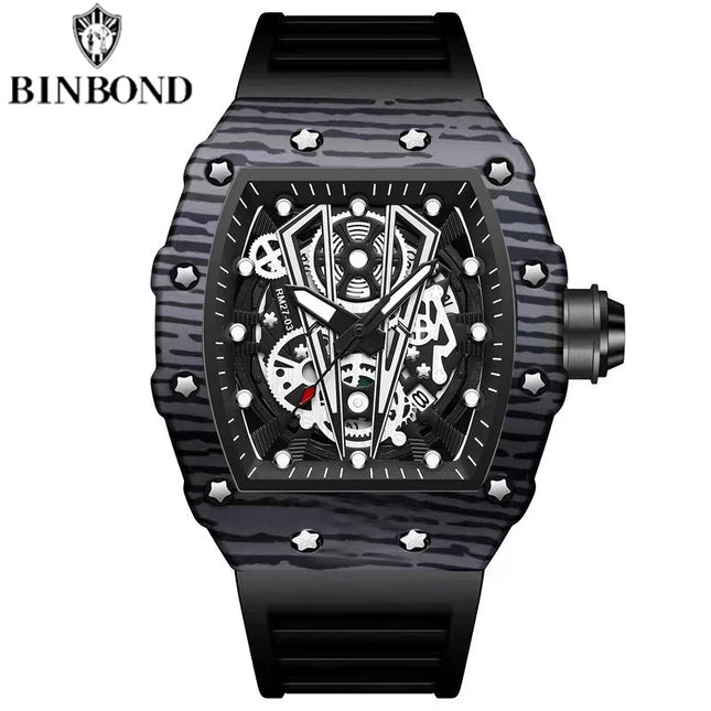 BINBOND Brand Men Watch Domineering Barrel Watch Curved Mirror Hollow Surface Sports Men Watch Silicone Quartz Wristwatch B8577