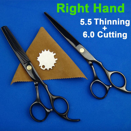 Japan 440C Titanium Qlating Barber Professional Scissors for Hairdresser 5.5 / 6.0 Cutting Thinning Black Hair Scissor Shears