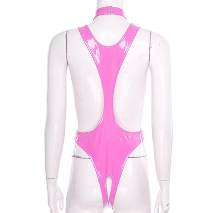 Womens Glossy Patent Leather Bodysuit and Choker Open Crotch Monokini Sling Leotard Swimwear with O-ring Clubwear Nightwear