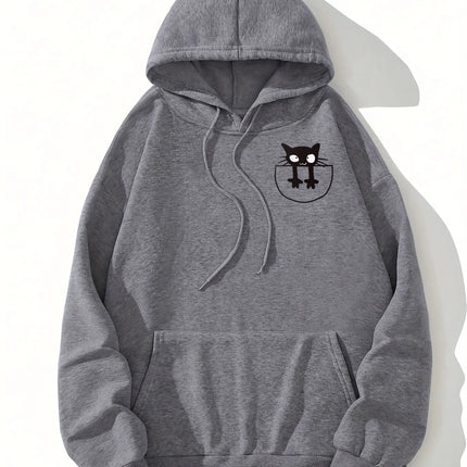 Women's casual hoodie sweatshirt with cute cat pattern print round neck long sleeves for autumn and winter warmth, regular style