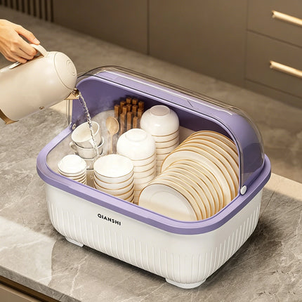 Dish Rack with Protective Cover - Space-Saving, Dust-Proof Kitchen Storage Cabinet with Chopstick Holder, Multifunctional Utensil Organizer with Drainage Board, Drainage Function, Suitable for Countertops and Cabinets, Dish R