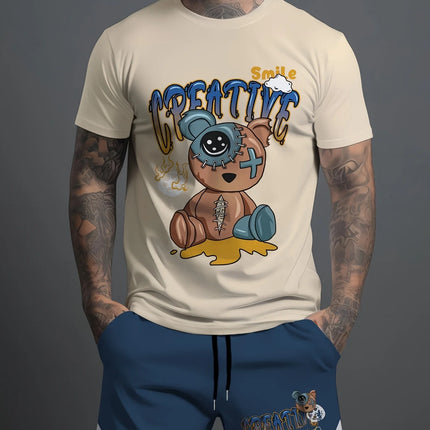 2026 Summer Casual Short-Sleeve Fashionable Breathable Sports Set Loose-Fit Quick-Dry Men's Short-Sleeve Hip-Hop Bear Print Set