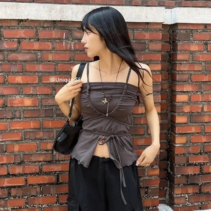 Korean Sle Unique Belted Design Slimming Versatile Split Front Strapl Top Women's Summer Faion Commute Straight Cut Vest