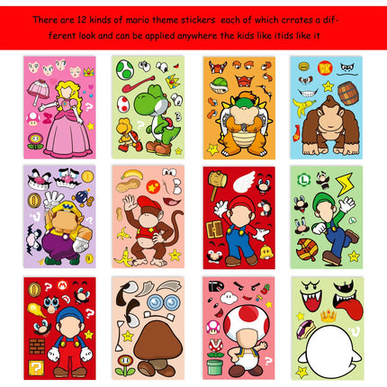 12pcs Anime  Mario Bros Puzzle Stickers Game Kawaii Make A Face Sticker Cute Cartoon DIY Funny Pack Toy Gift