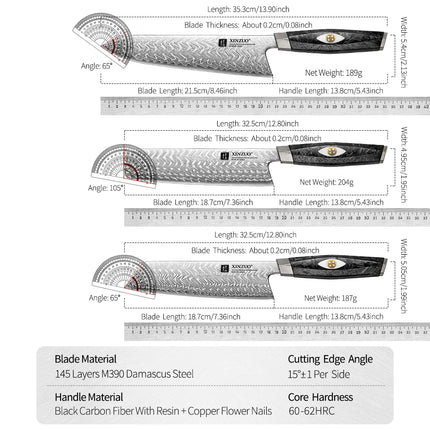 XINZUO 2PCS-7PCS Damascus Steel Knife Set With 145 Layers M390 Steel Black Carbon Fiber Handle Rust - Resistant  Gift Box