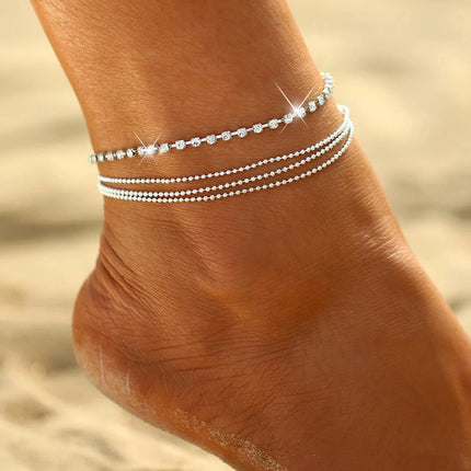 Silver Color Crystal Zircon 3 Rows Beads Anklet for Women New Fashion Chain Multilayer Rhinestones Foot Crystal Jewelry
