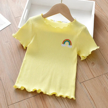 Girls' Embroidered Short Sleeve T-Shirt Ice Silk Summer Top with Ruffle Trim Stretchy Soft for Toddler Baby 1-6 Years
