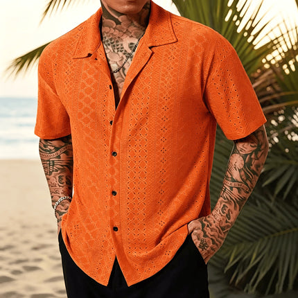 Men's Vacation Casual Style Knitted Geometric Striped Crochet Textured Jacquard Loose Short-Sleeve Shirt Hawaiian Beach Shirts