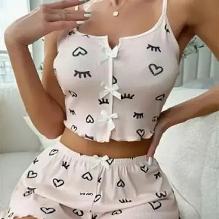 New Hot Sale Of The Season Heart Pattern Color Block Sleepwear Set with Slit in Front Strap Women's Vest Tops Non-Stitched Exte