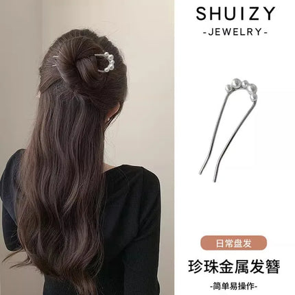 Hair Stick Alloy Bun Maker for Thick Hair Women 4-Prong U-Shape Quick Updo Tool Non-Slip Vintage Hairpin Boho Bridal Accessories