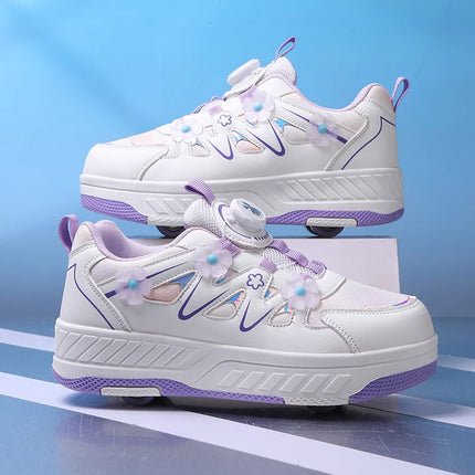 Girls Roller Skates Four-wheel Outdoor Shock-absorbing Casual Sports Shoes Soft Walking Comfortable Flat Wheel Shoes for Kids