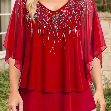 Women’s Plus Size Elegant Blouse Lace Patchwork 3/4 Sleeve Chiffon V-Neck Sequins Printed T-Shirt Double Layer Loose Female Tees