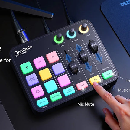 Oneodio Gaming Audio Mixer With XLR Microphone Interface 48V Phantom RGB Sound Card for Podcast/Live Streaming/PC Voice Changer