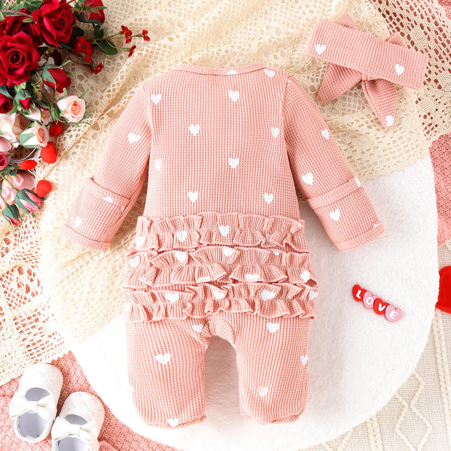 2PCS Autumn 0-June Newborn Baby Comfortable Cute Round-Neck Waffle Check Heart Zipper Long-Sleeved Footsuit