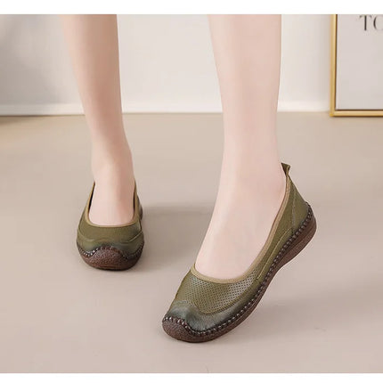 New Real Leather Perforated Ballet Flats Women's Massage Insole Slip On Moccasins Woman Hollow Loafer Casual Daily Shopping Shoe