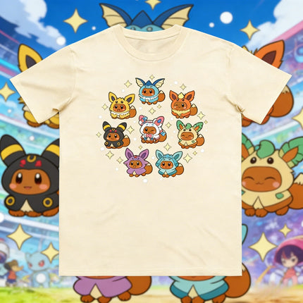 2026 Summer Pokemon Eevee Evolution Cute Cosplay Print T-Shirt, 100% Cotton Loose Couple & Family Tee for Travel Game & Sports
