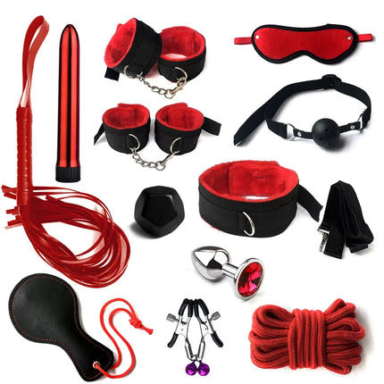 BDSM Sex Kits Bdsm Bondage Adults Sex Toys For Women Men Handcuffs Nipple Clamps Whip Spanking Sex Metal Anal Plug Vibrator Butt