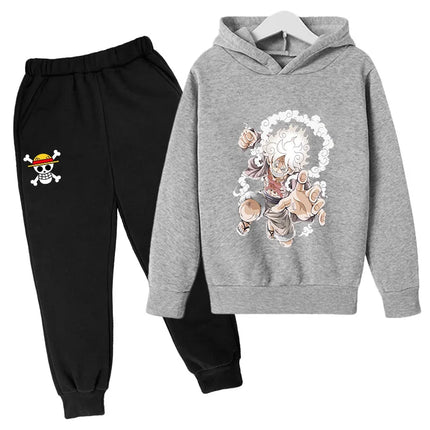 2025 Boys Girls Casual Hooded Japanese Anime One Piece Luffy Zoro Harajuku Hoodie Sweatpants Set with Pockets Sweatshirt Tops