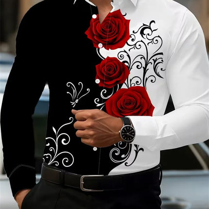 2026 Men's Fashion Red Rose Print Long-Sleeve Shirt, Stylish Casual Design, Spring/Autumn Casual Shirt, Sizes XS-6XL
