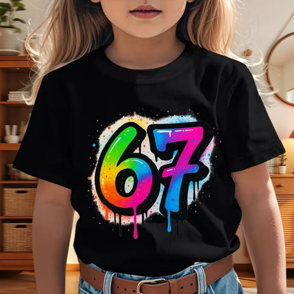67 Meme T-Shirt for Boys Girls Fashion Splashed Ink 3D Print Girl Short Sleeve Tees Round Neck Tops Loose Children's Clothing