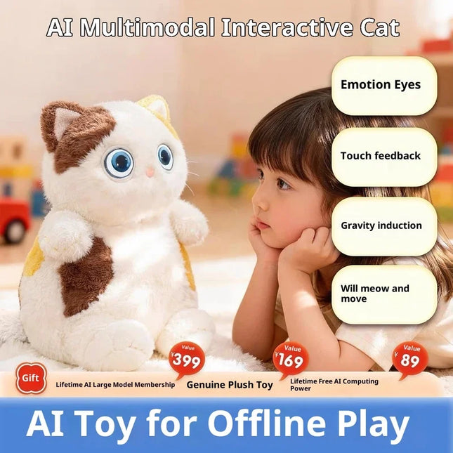 AI  Cat Plush Toy Touch  Glowing Eyes Wagging Tail Multilingual Intellectual Kids Companion Gift For Children