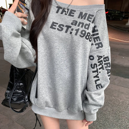 Sexy Oversize T-shirt Women Streetwear Letter Print Skew Collar Off Shoulder Long Sleeve Basic Top Korean Fashion Loose T-shirt