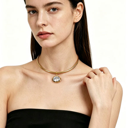 ENFASHION Para Mujer Oval Crystal Pendant Collar For Women's Stainless steel 18K Plated Gold High Street Fashion Jewelry P253622