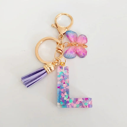 Fashion Butterfly Fringe Initial Keychain Drop Glue Blend Sequin A-Z26 Letter Keychain Cute Ladies Student Bag Accessory Gift