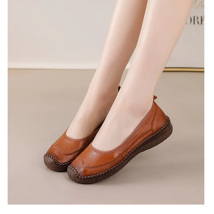 New Real Leather Perforated Ballet Flats Women's Massage Insole Slip On Moccasins Woman Hollow Loafer Casual Daily Shopping Shoe